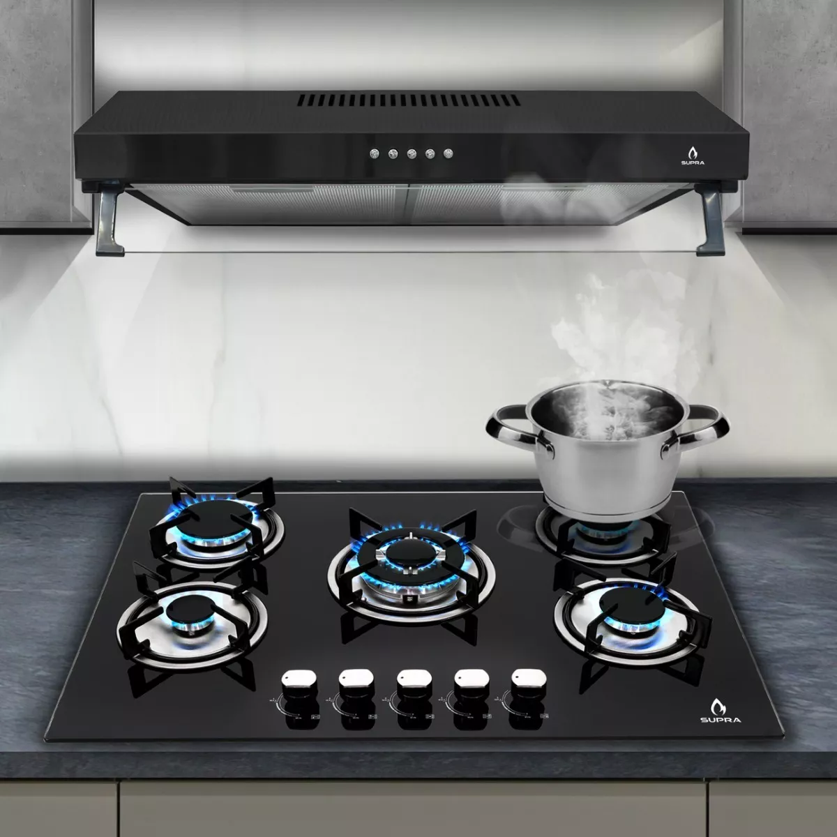 Combo Supra Parrilla Empotrable A Gas Y Campana De Pared Color Negro