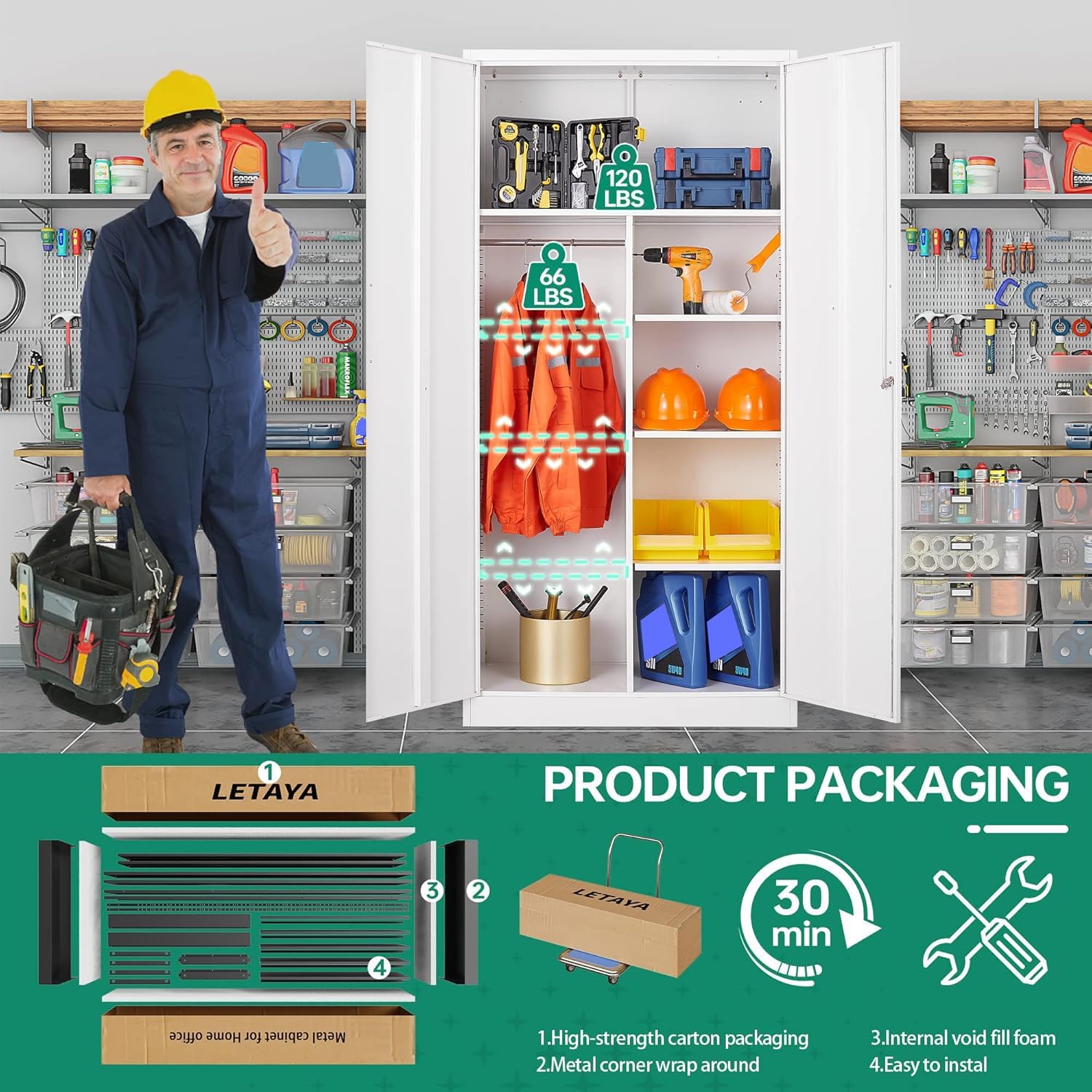 Letaya - Armarios de almacenamiento de metal con puerta de cerradura, armarios de acero, 5 estantes ajustables para el hogar, oficina, almacén (blanco)