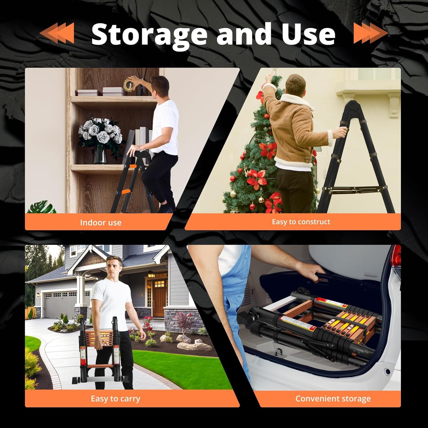 EvaStar - Escalera telescópica con marco A, escaleras telescópicas de aluminio ligeras con estabilizadores triangulares, barra estabilizadora y ruedas, escalera de extensión de capacidad de 350 libras