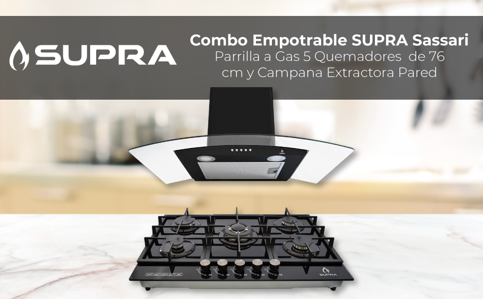 Combo Empotrable SUPRA Sassari: Parrilla a Gas 5 Quemadores de 76 cm y Campana Extractora Pared