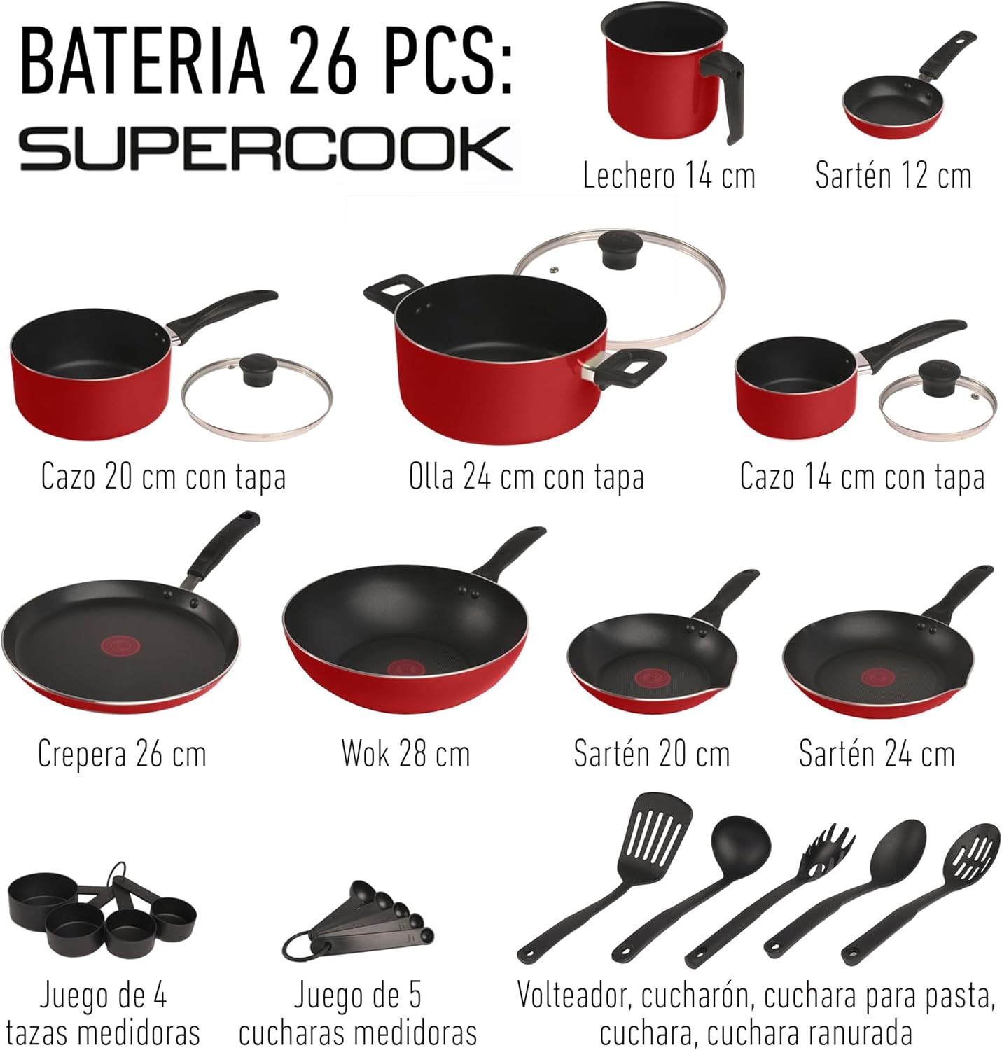 T-fal Batería de Cocina Supercook de 26 piezas Color Rojo con Antiadherente Titanium, tecnología Thermo Señal, de fácil limpieza y base difusora para crear deliciosas recetas, B929SZ84