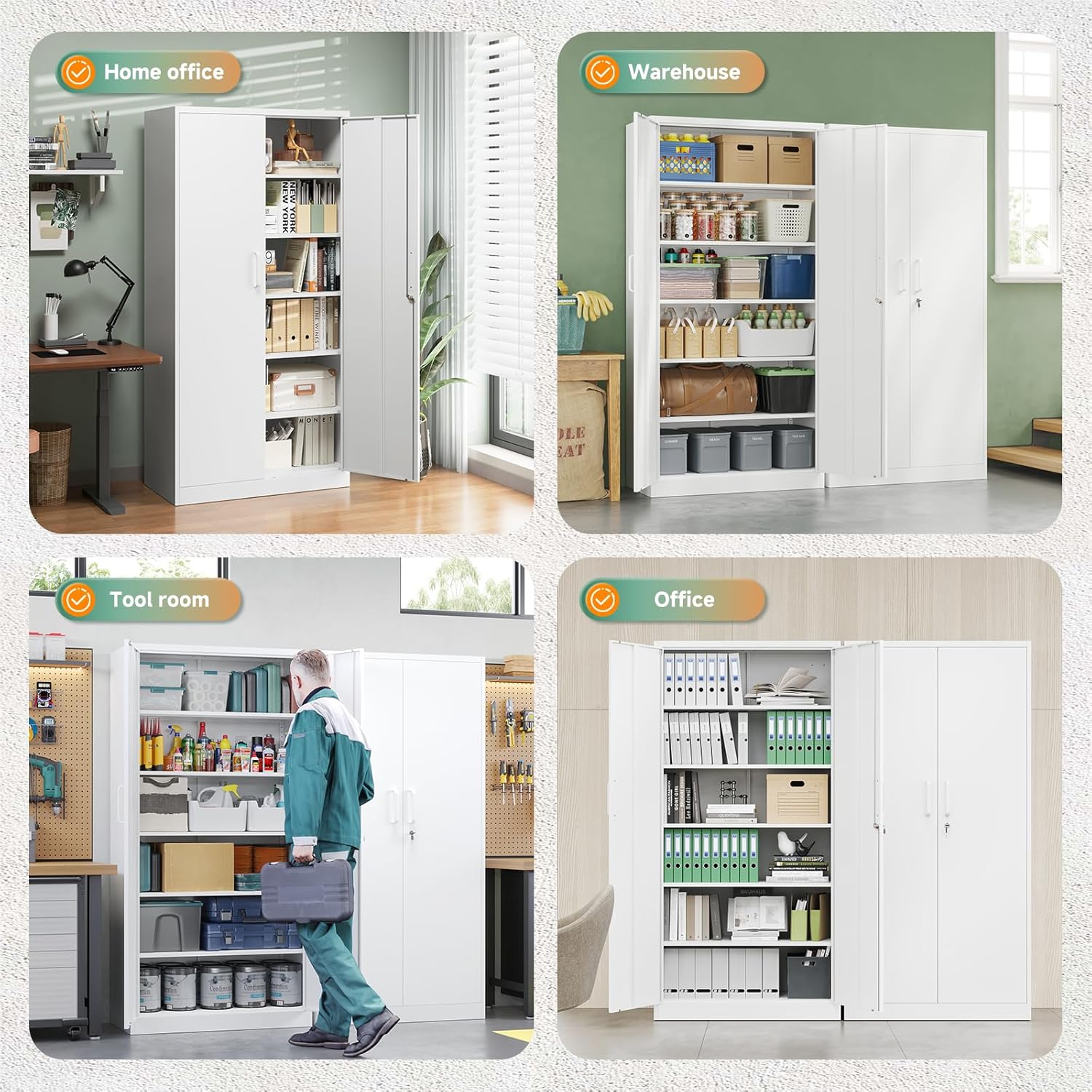 Letaya - Armarios de almacenamiento de metal con puerta de cerradura, armarios de acero, 5 estantes ajustables para el hogar, oficina, almacén (blanco)