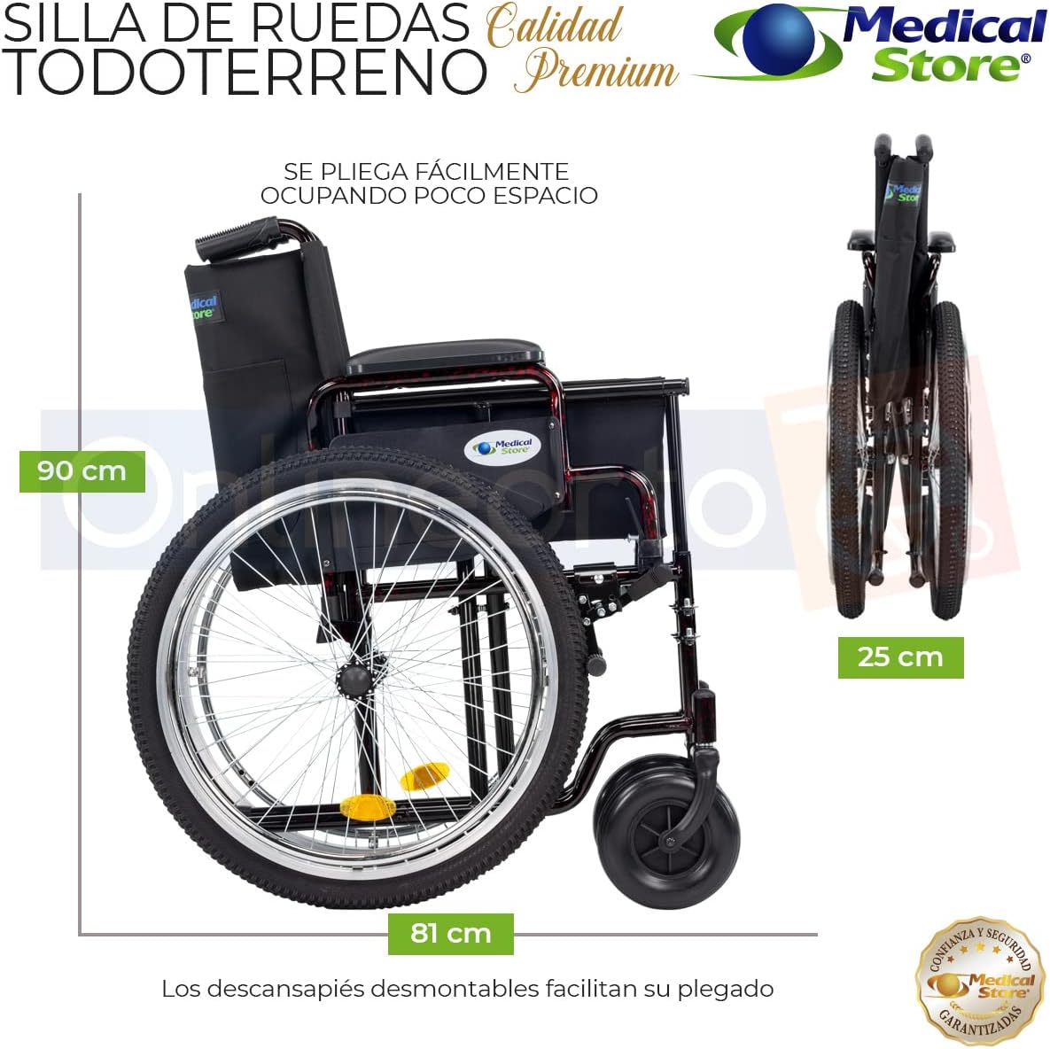 Medical Store Silla de Ruedas TODO TERRENO de Lujo, Modelo 101, Acero Resistente, Con Eleva piernas Desmontables y Descansabrazos Abatibles Color Rojo.…