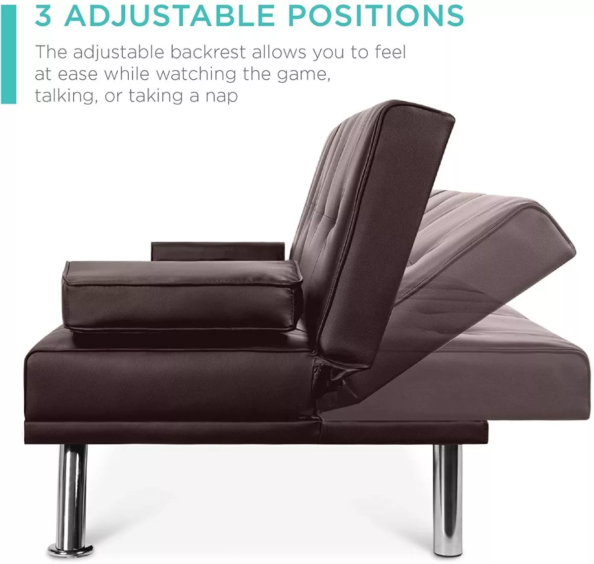 Sofá cama futón plegable portavasos de piel sintética marrón-----almohada cojín