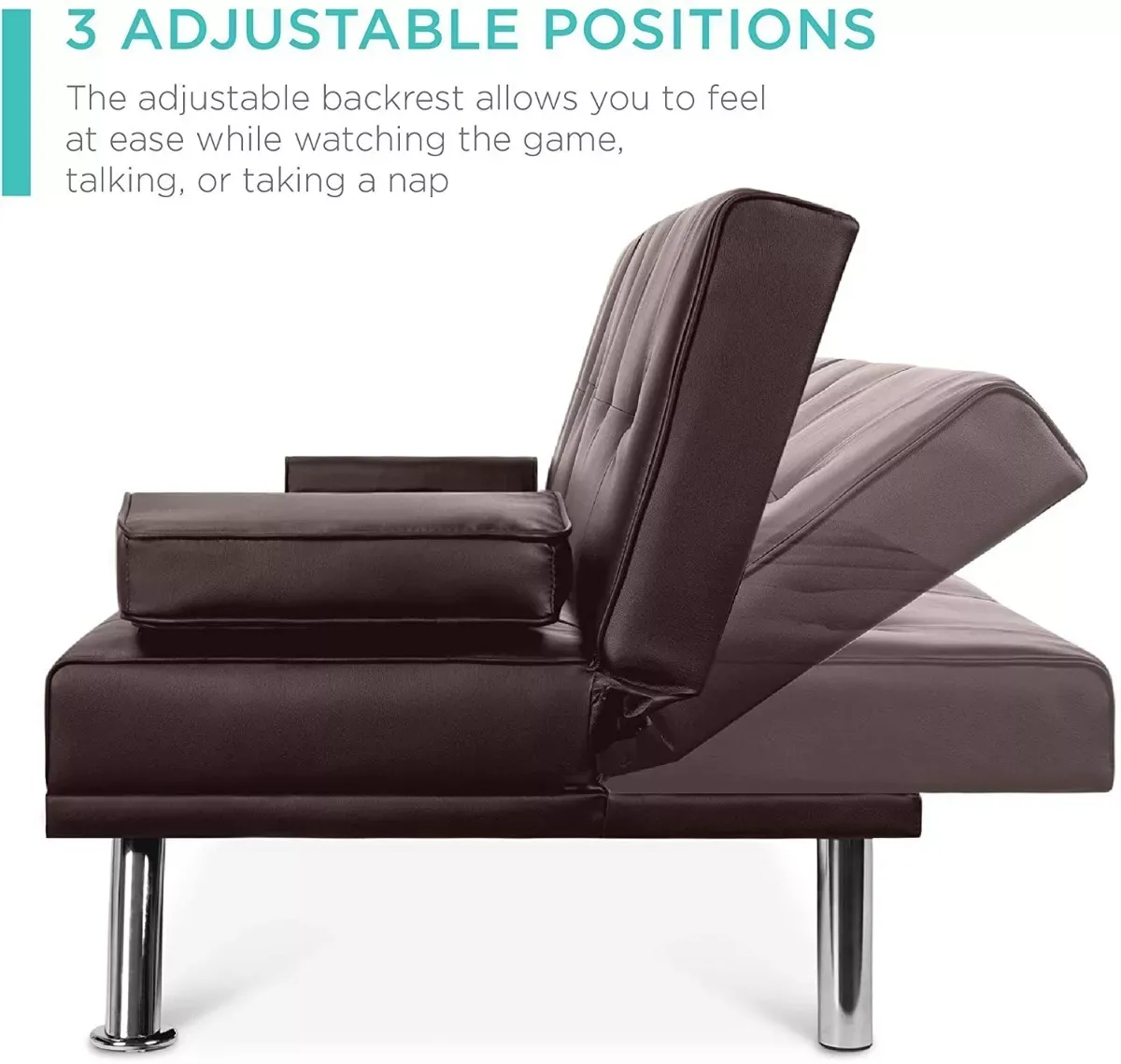 Sofá cama futón plegable portavasos de piel sintética marrón-----almohada cojín