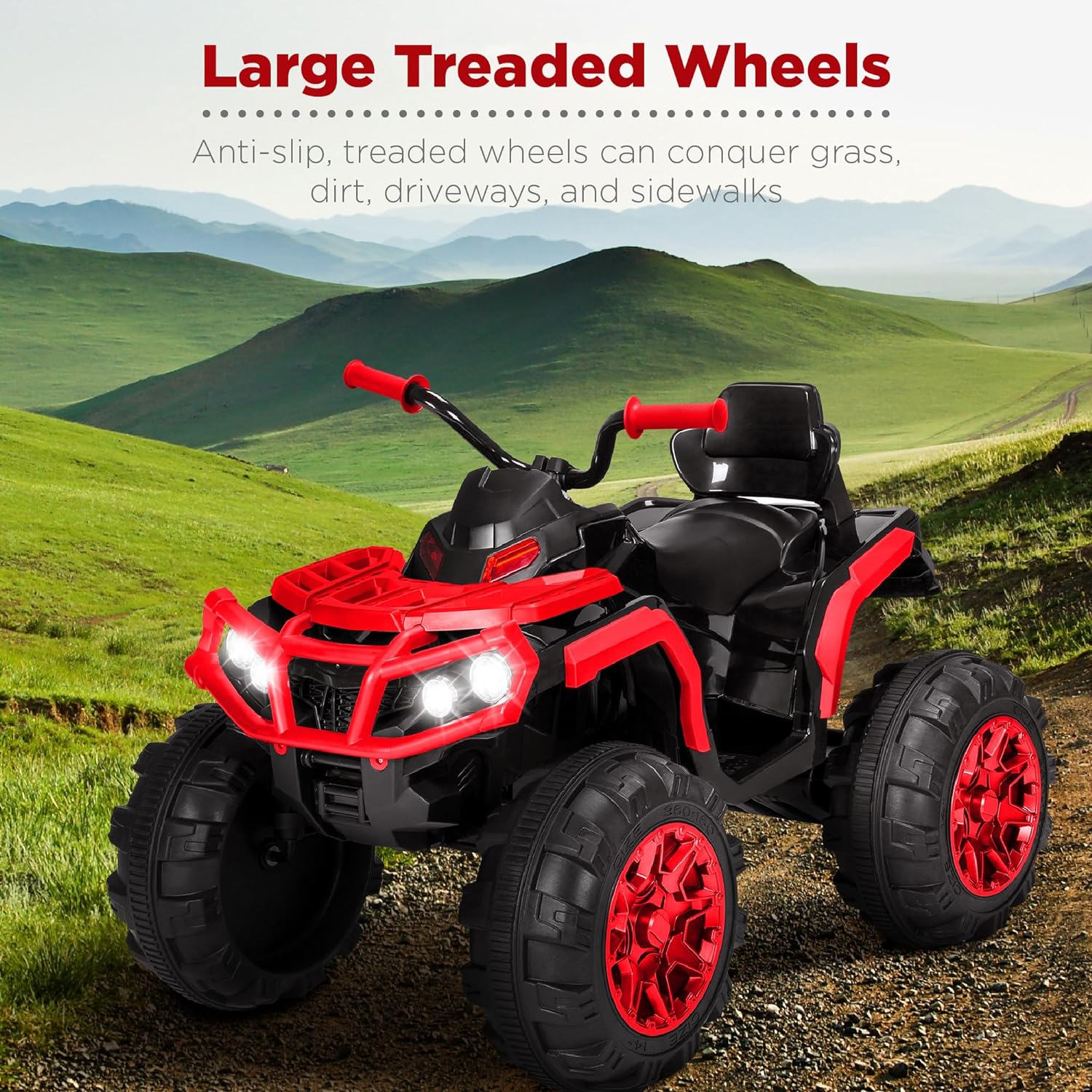 Best Choice Products 12V ATV eléctrico para niños de 4 ruedas con audio Bluetooth, velocidad máxima de 3.7 mph, neumáticos con banda de rodadura, faros LED, radio, color negro
