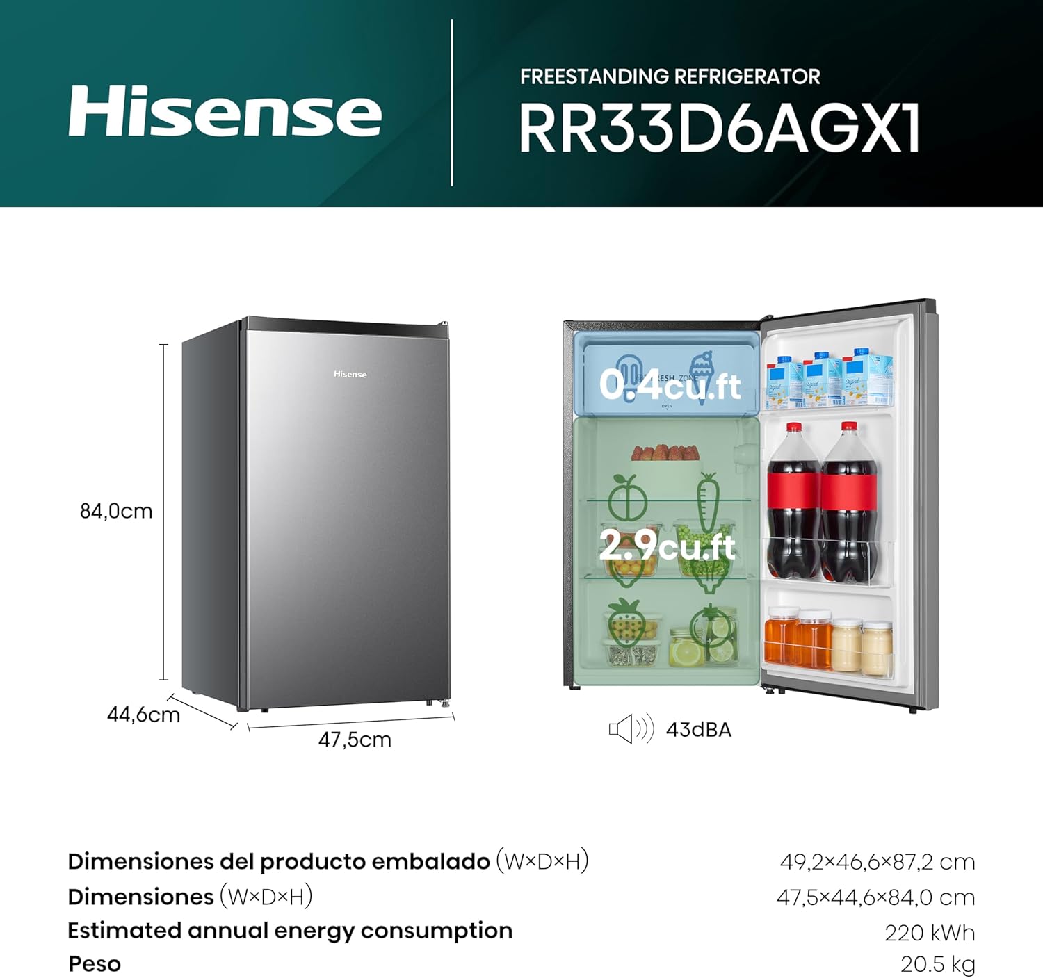Hisense RR33D6AGX1- Frigobar,3.3 pies cúbicos,Termostato ajustable,Congelador independiente,Estantes para botellas de 2 litros,48x45x84cm(AnchoxLargoxAlto),Gris