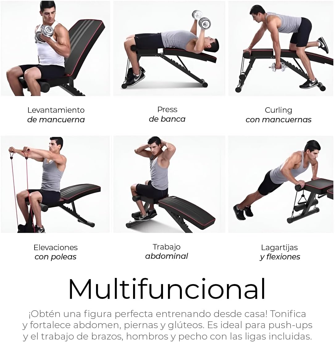 Raganet, Banco Fitness Multiposiscion, Banco de Addominales con 2 Ligas Incluidas, Asiento de Pesas Ajustable en 7 Posiciones, Soporta Hasta 250Kg, Negro