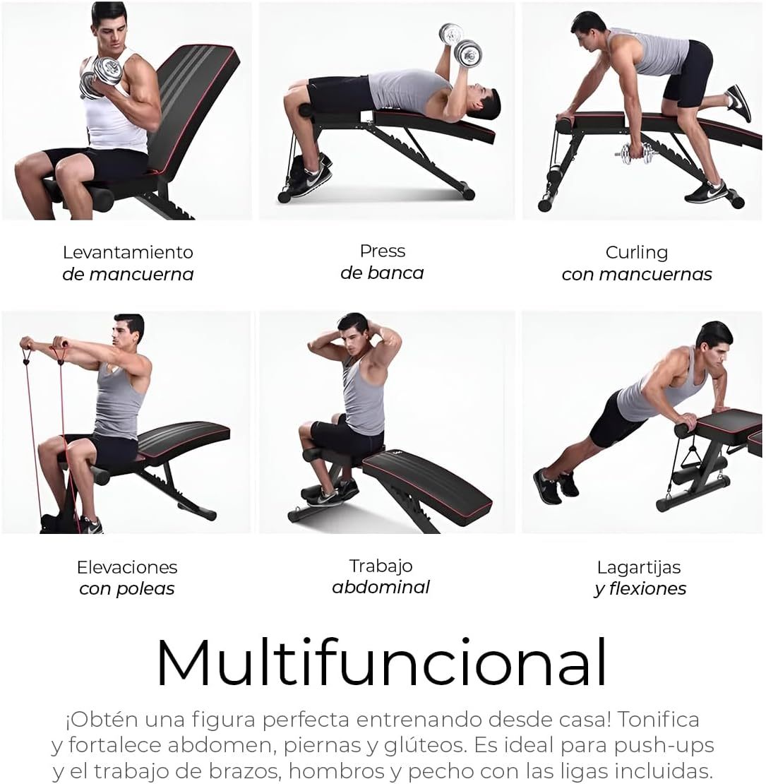 Raganet, Banco Fitness Multiposiscion, Banco de Addominales con 2 Ligas Incluidas, Asiento de Pesas Ajustable en 7 Posiciones, Soporta Hasta 250Kg, Negro