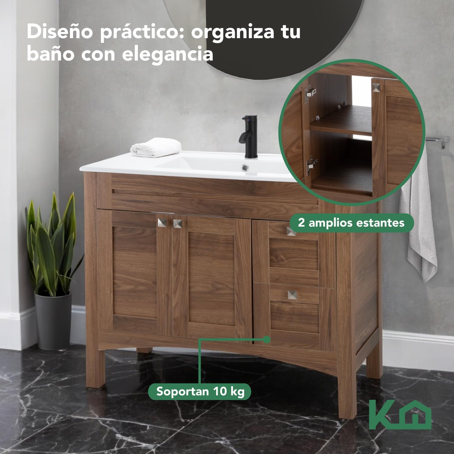 Kingshouse | Gabinete para Baño con Ovalín y Monomando – Mueble de Baño Lavamanos con 2 Cajones – Lavabo – Gabiente Organizador - Color Gris Mate – Fibra de Madera MDF – Lavamanos De Cerámica