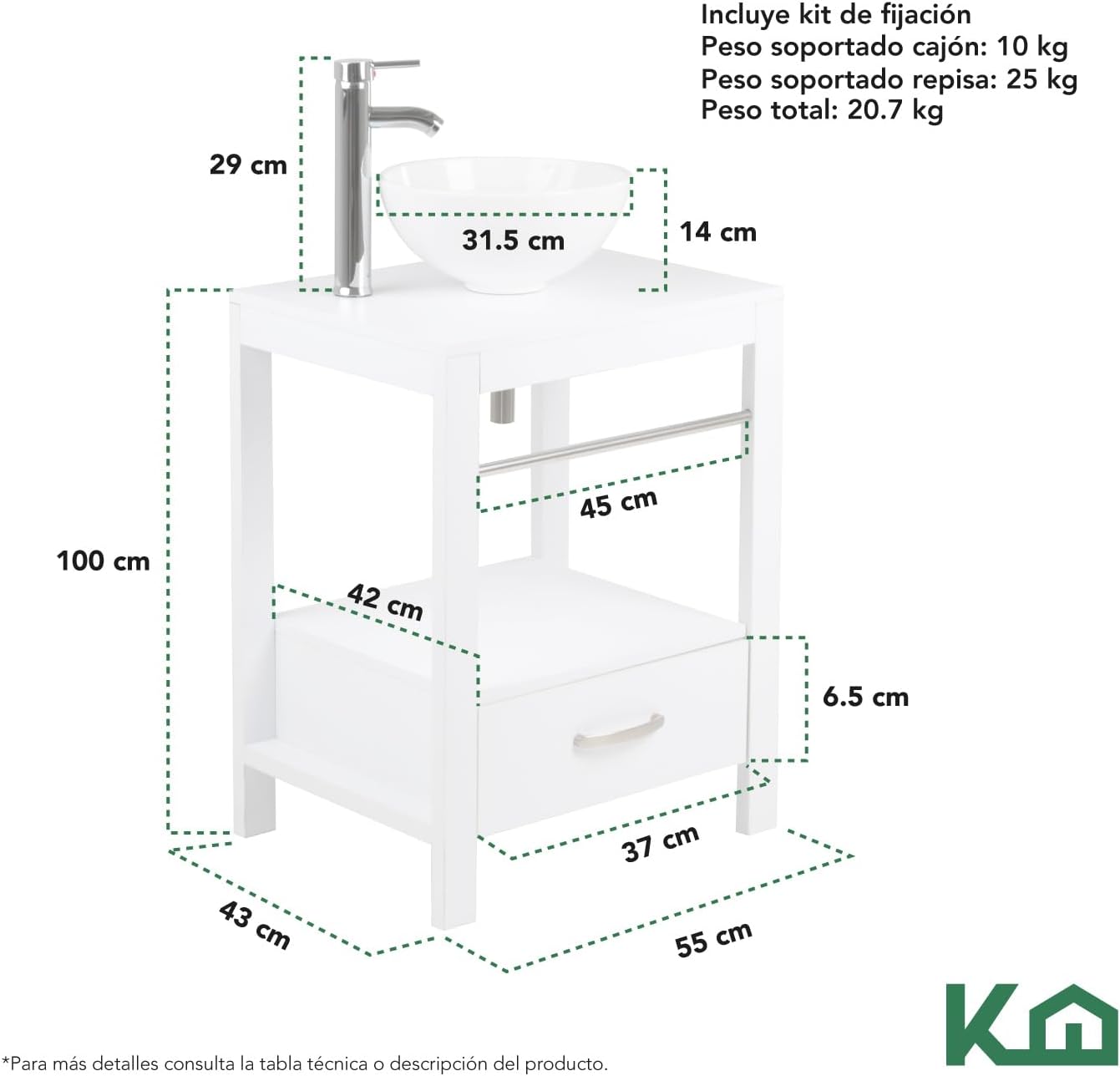 Kingshouse | Gabinete para Baño con Ovalín y Monomando – Mueble de Baño Lavamanos con 2 Cajones – Lavabo – Gabiente Organizador - Color Gris Mate – Fibra de Madera MDF – Lavamanos De Cerámica