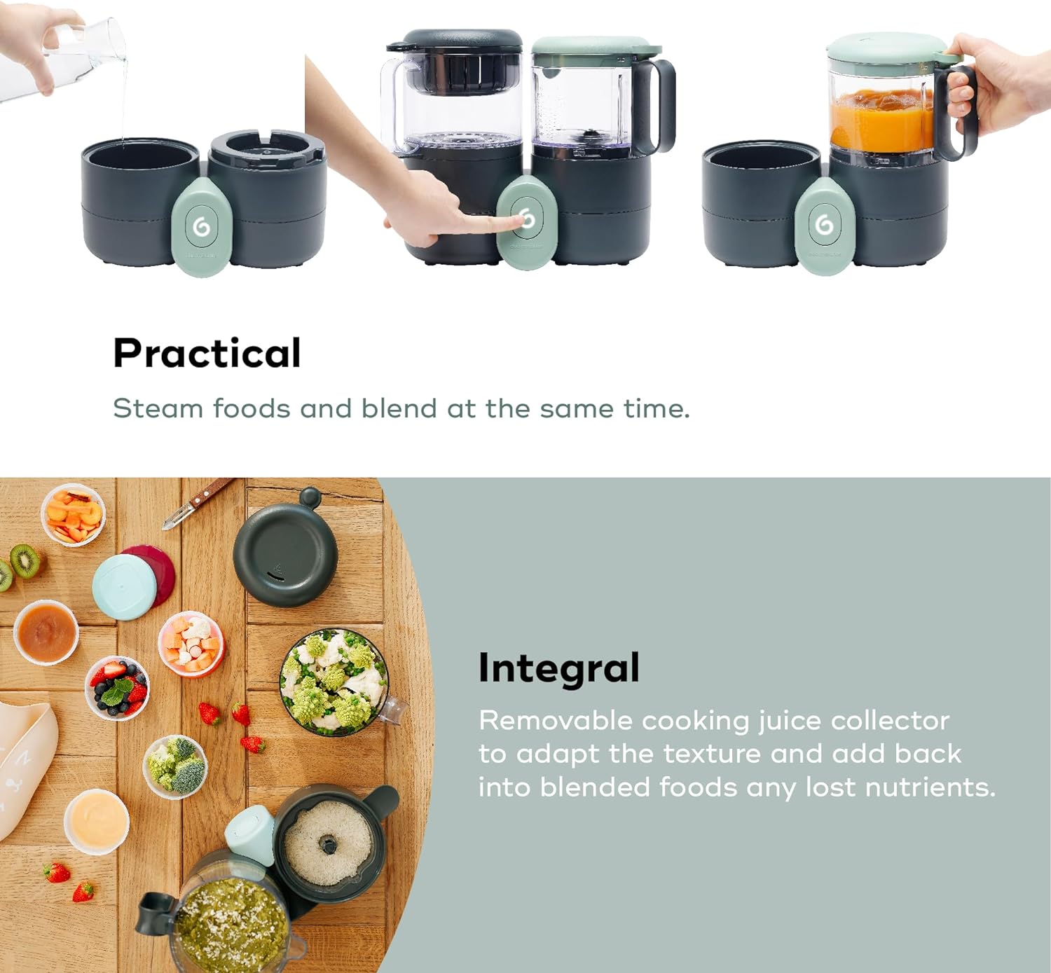 Babymoov Duo Meal 6 en 1: Procesador de Alimentos para Bebés con Vaporizador y Licuadora de Velocidades Múltiples, Calienta y Descongela (Aprobado por Nutricionistas), Gris