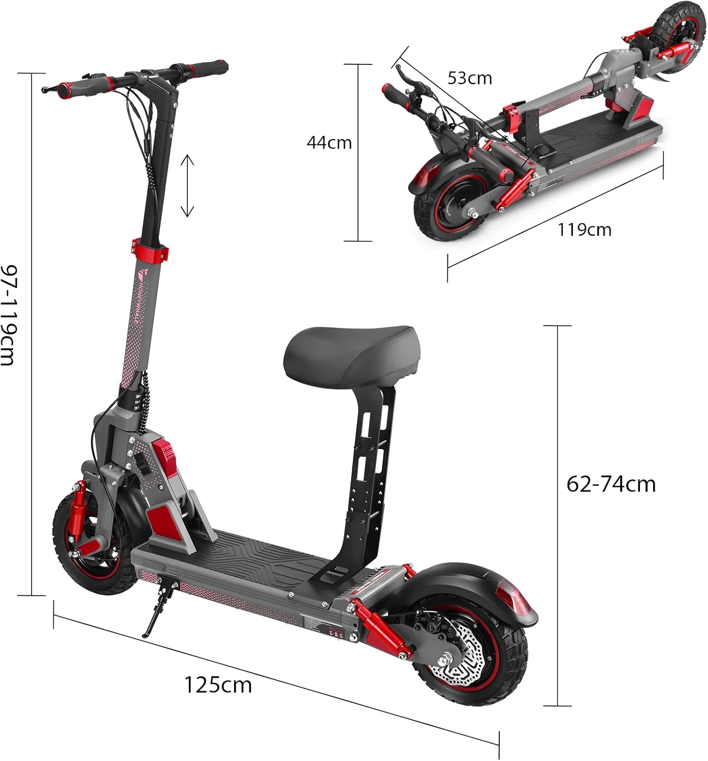 HONEYWHALE C1 Scooter Eléctrico Adulto con Asiento, Patín Eléctrico Plegable con Motor 980W, Velocidad Máxima 45 km/h, Batería 13AH-Autonomía 40km