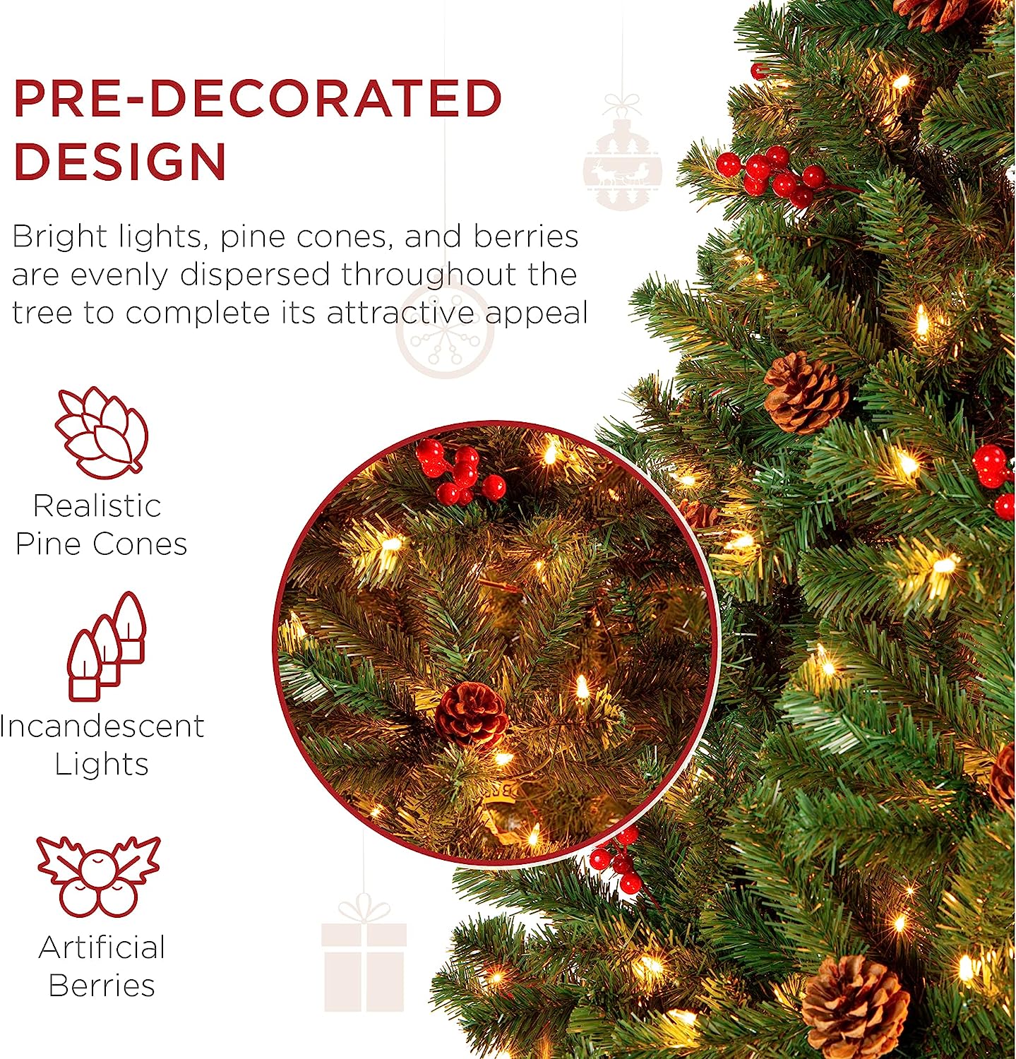 Best Choice Products - Árbol de Navidad artificial preiluminado de 7 pies predecorado con bisagras, con 1.346 puntas, piñas, bayas, 550 luces, base de metal
