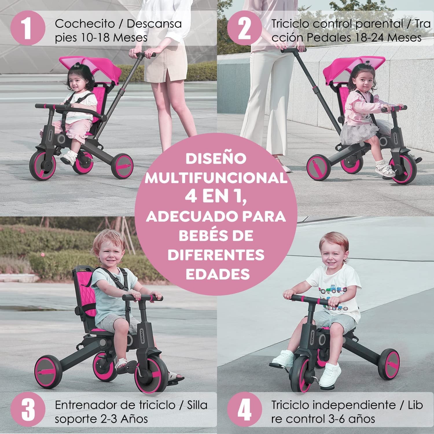 Triciclo de bebé 4 en 1, Bici polivalente, cochecito de dirección plegable, bicicleta de aprendizaje con barandilla desmontable, con toldo ajustable, arnés de seguridad, pedales plegable, freno, asa de empuje para padres, diseño de absorción de impactos,