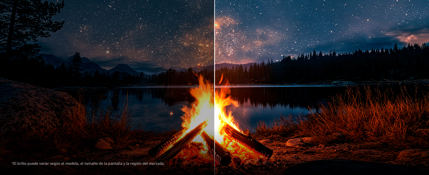 Campfire scene, split in half. One side shows Brightness Booster's brilliance. One side is dark