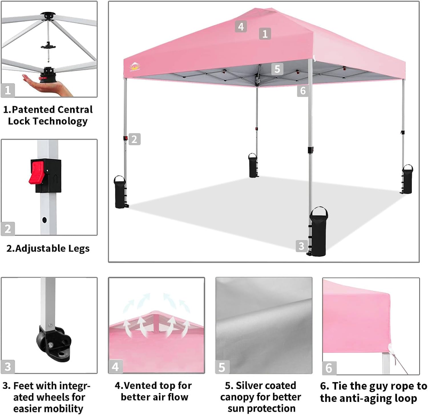 CROWN SHADES - Toldo desplegable de 3.60 x 3.60 metros, toldo patentado de un empuje con bolsa de transporte con ruedas, 8 estacas y 4 cuerdas, negro