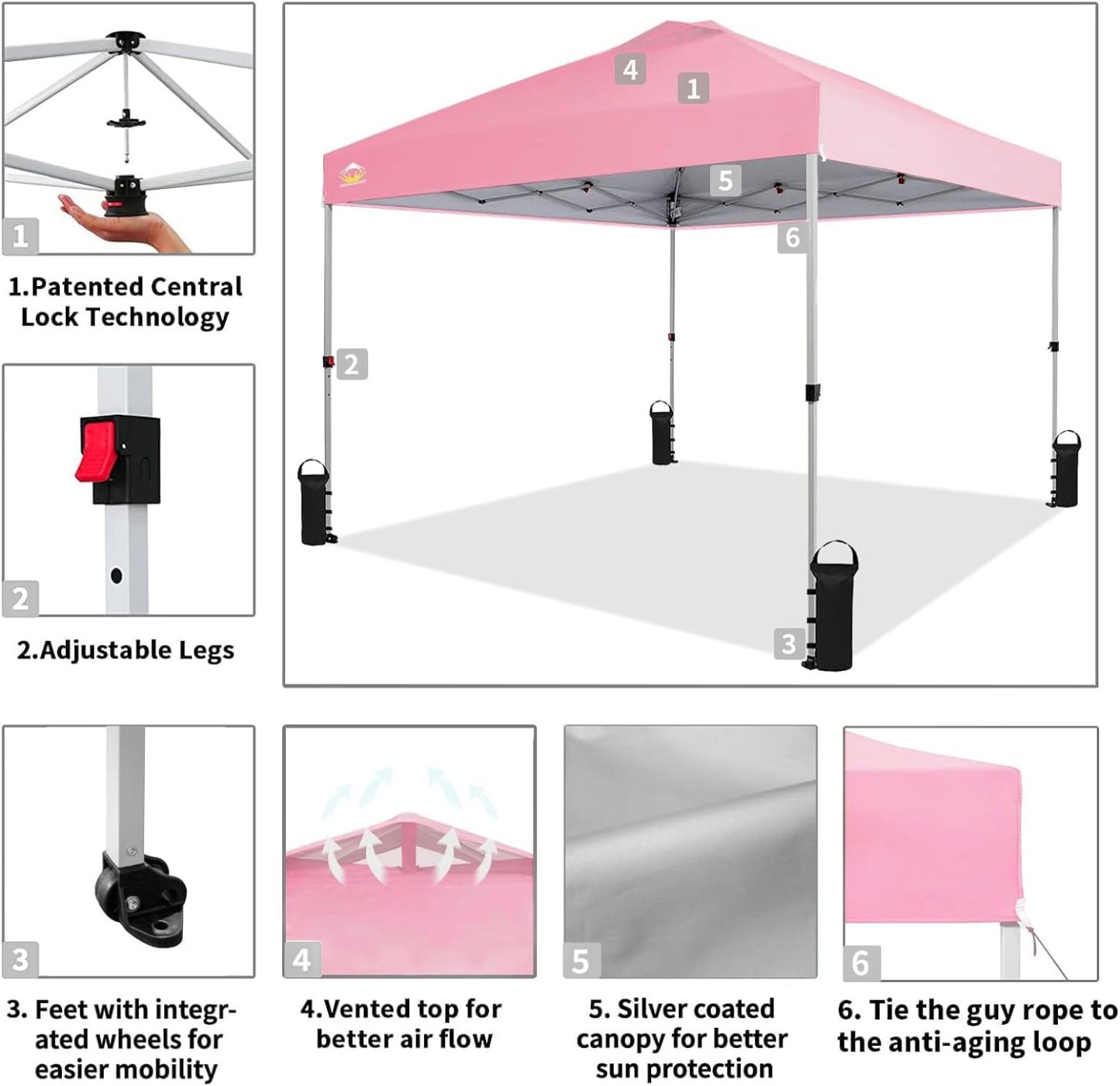 CROWN SHADES - Toldo desplegable de 3.60 x 3.60 metros, toldo patentado de un empuje con bolsa de transporte con ruedas, 8 estacas y 4 cuerdas, negro