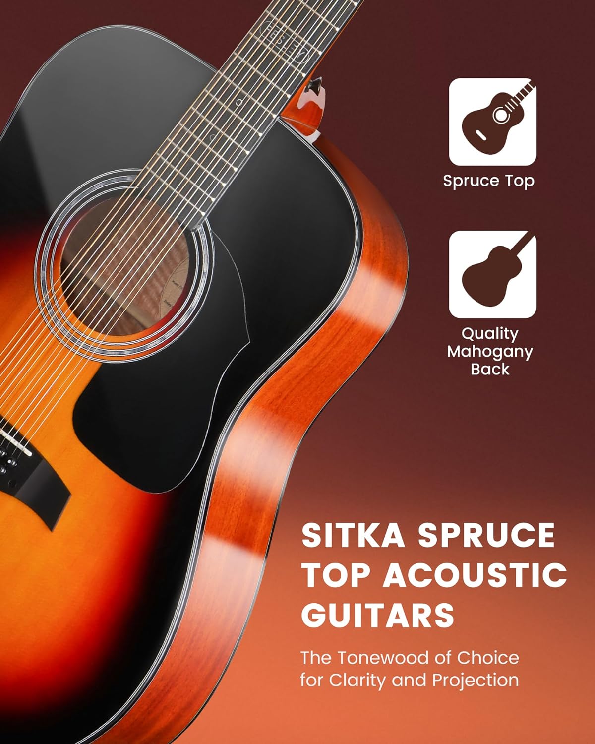 Fesley Guitarra de 12 cuerdas, guitarras eléctricas acústicas de tamaño completo para adultos, guitarra de abeto superior acústica, paquete de guitarra recortada con bolsa de concierto, púas, cuerdas, correa, natural