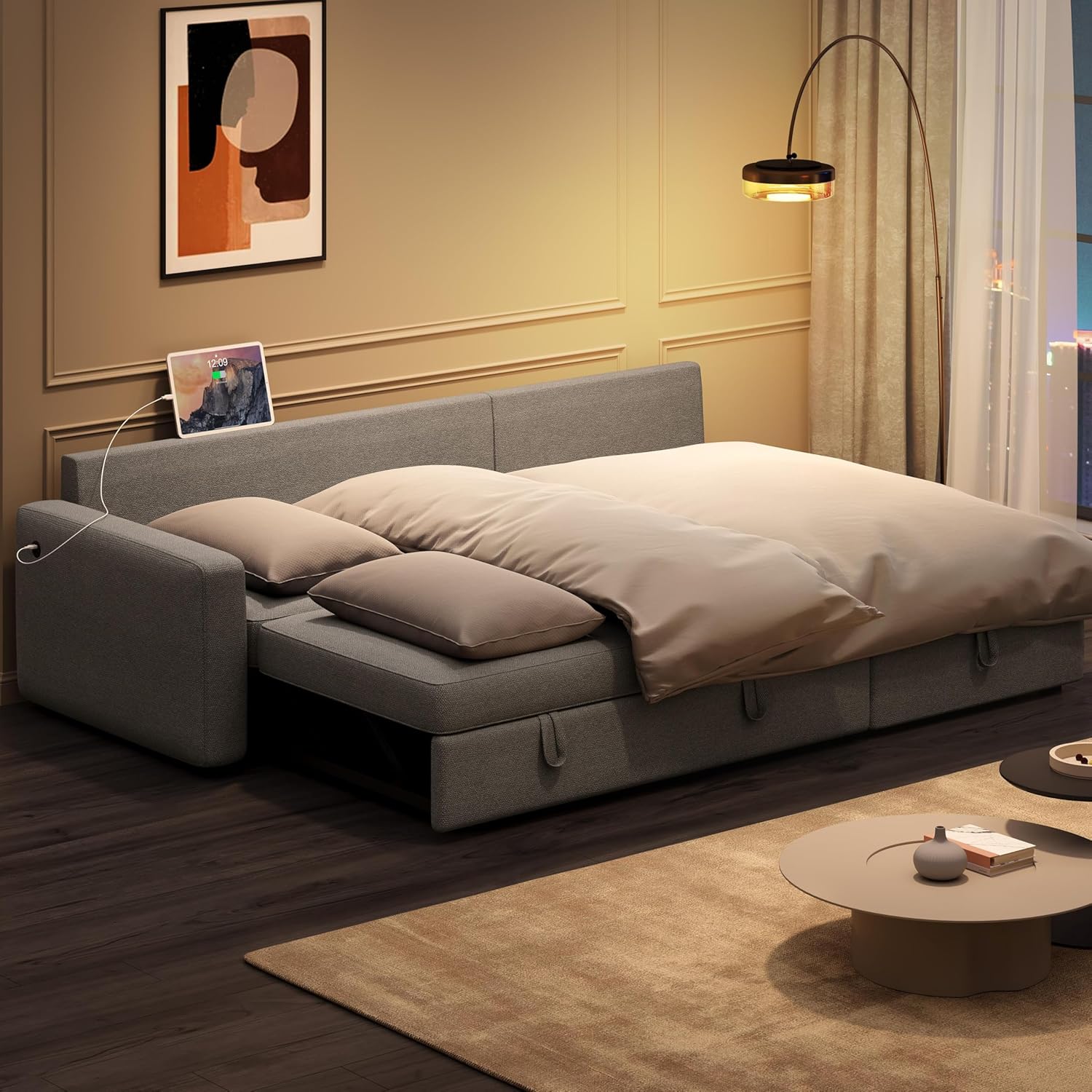 Yaheetech Sofá seccional en forma de L, sofá cama con chaise, sofá cama reversible con cama extraíble y espacio de almacenamiento, sofá convertible de tela de 4 asientos, adecuado para sala de estar, gris claro