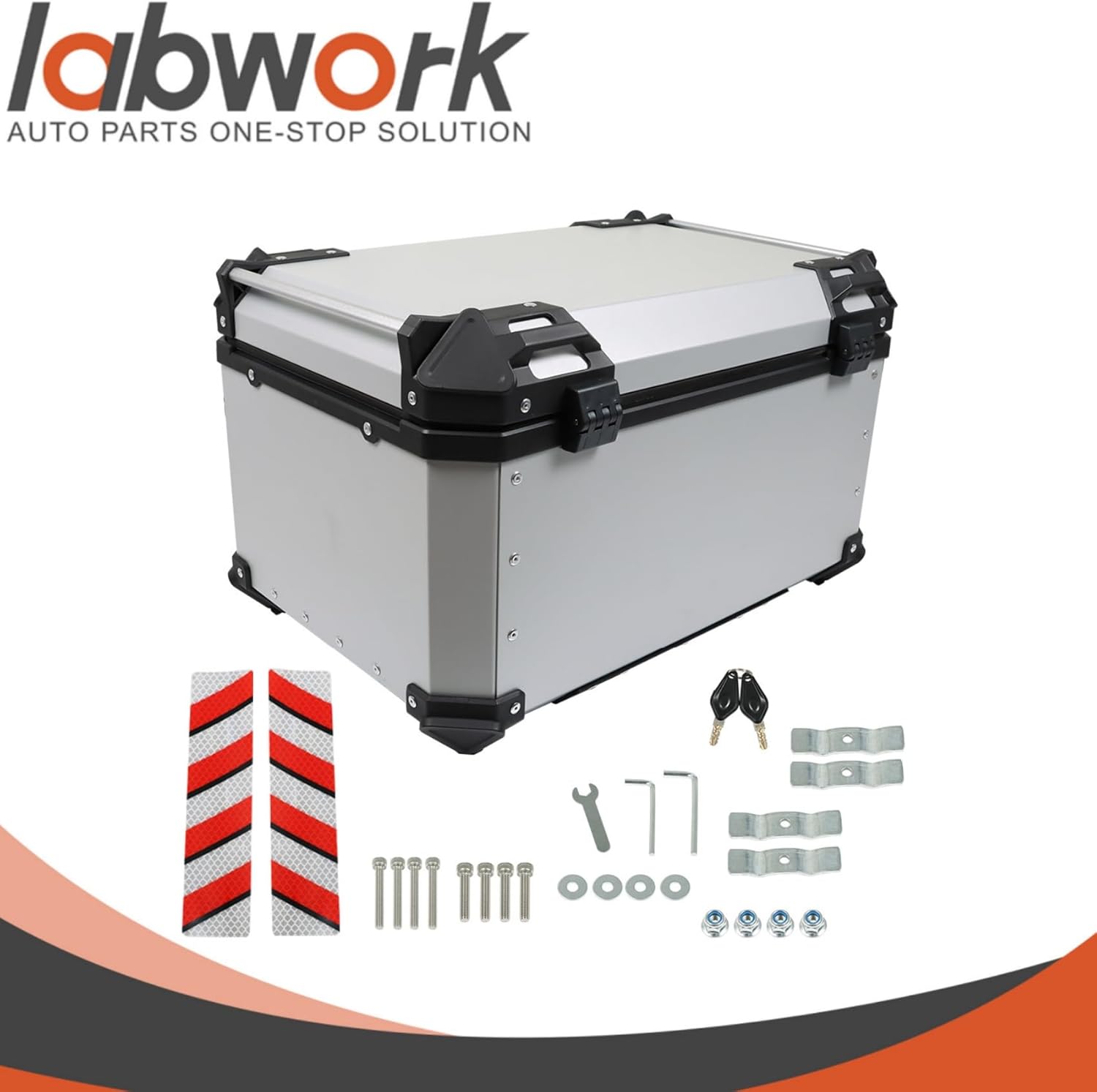 Labwork - Caja trasera para motocicleta de 45 l, con placa de montaje, aleación de aluminio dura, cierre de seguridad contra robo, metal plateado, caja trasera para maletero
