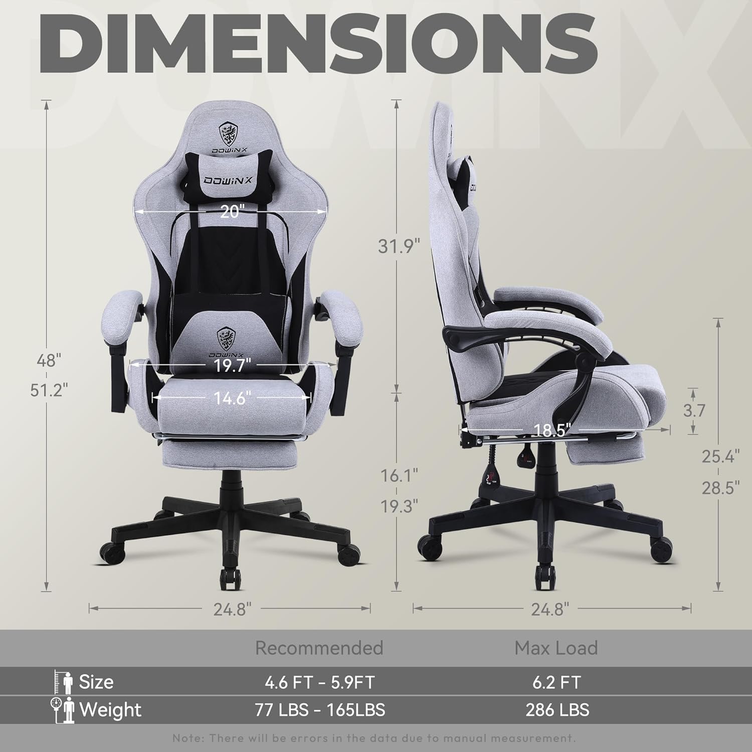 Dowinx - Silla de Juego de Tela con cojín de Resorte de Bolsillo, Silla de Juego de Masaje con reposacabezas, Silla ergonómica de computadora con reposapiés de 300 Libras, Negro y Gris
