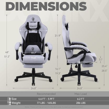 Dowinx - Silla de Juego de Tela con cojín de Resorte de Bolsillo, Silla de Juego de Masaje con reposacabezas, Silla ergonómica de computadora con reposapiés de 300 Libras, Negro y Gris