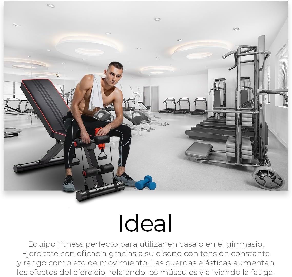 Raganet, Banco Fitness Multiposiscion, Banco de Addominales con 2 Ligas Incluidas, Asiento de Pesas Ajustable en 7 Posiciones, Soporta Hasta 250Kg, Negro