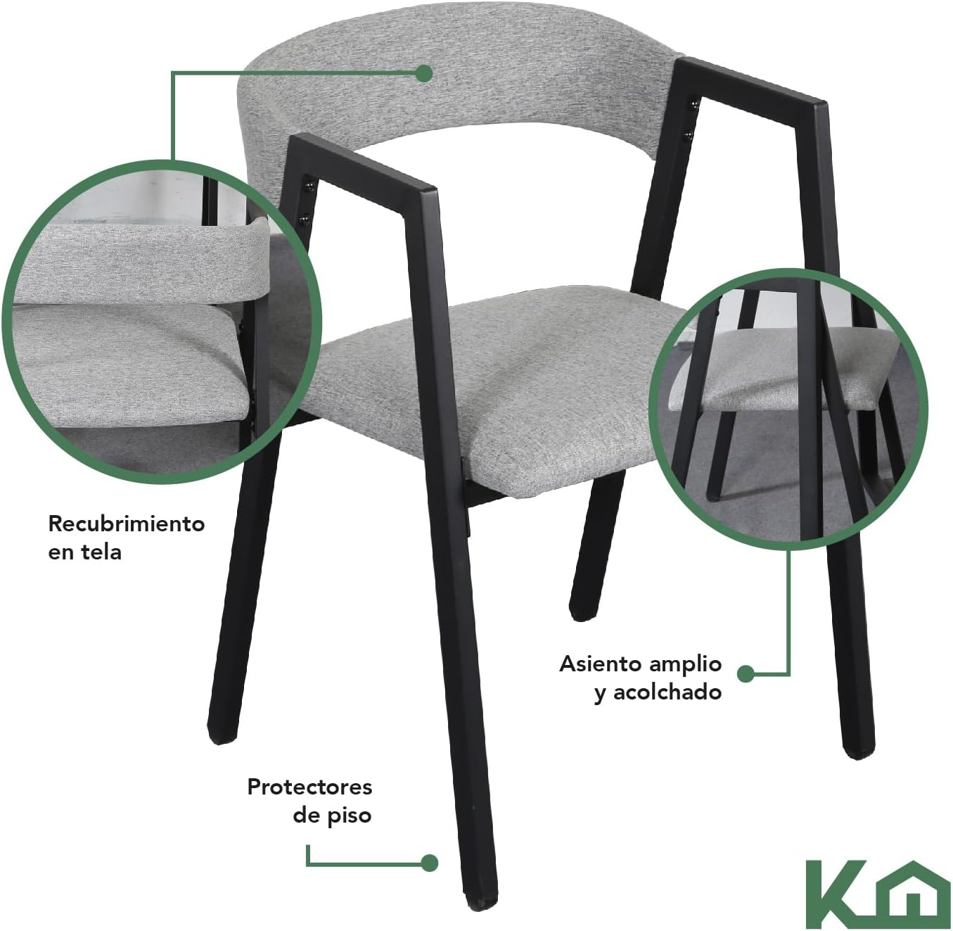 Kingshouse | Comedor 4 Sillas y Mesa – Juego de Comedor - Madera MDF Estructura Metálica - Acolchado - Moderno Minimalista - 4 Personas - Gris - Café