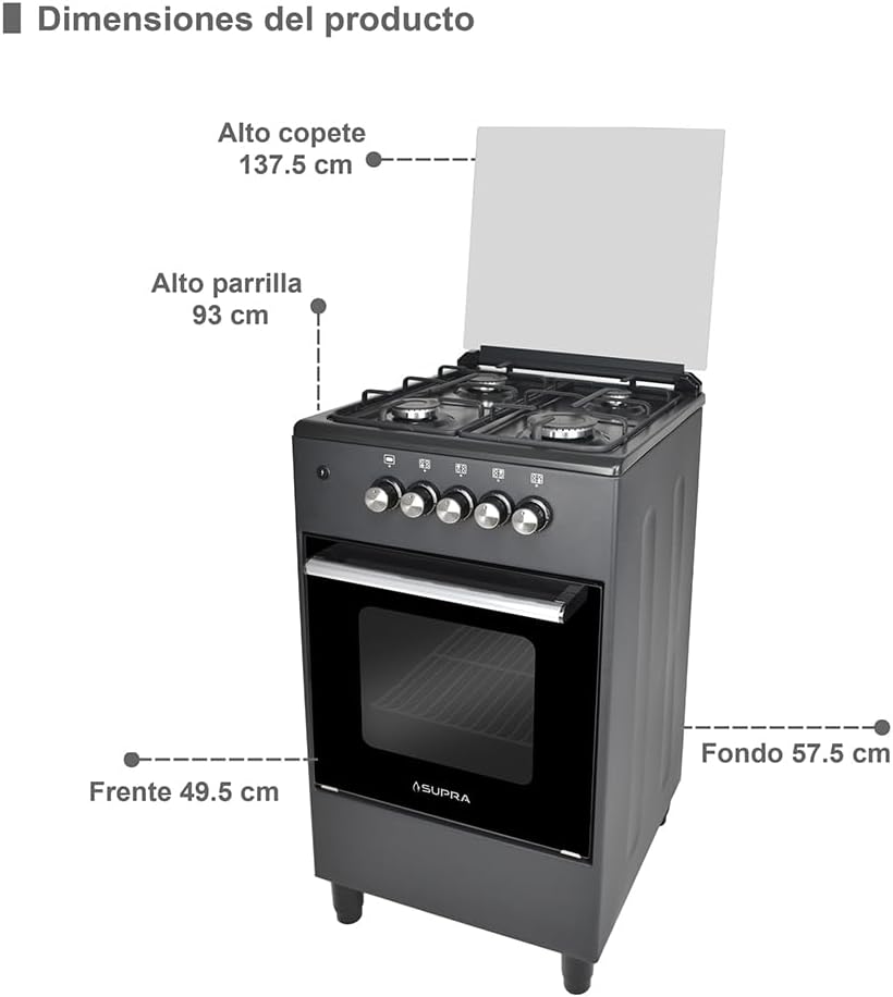 SUPRA Estufa de piso a gas de 4 quemadores de 50 cm Mod. AMBROSIA color negro mate