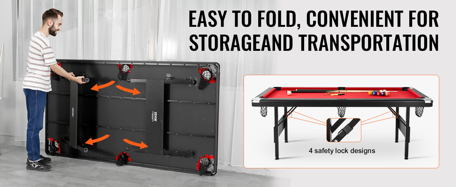 Mesa de billar VEVOR plegable para almacenamiento, con cuatro diseños de bloqueo de seguridad y fácil transporte.