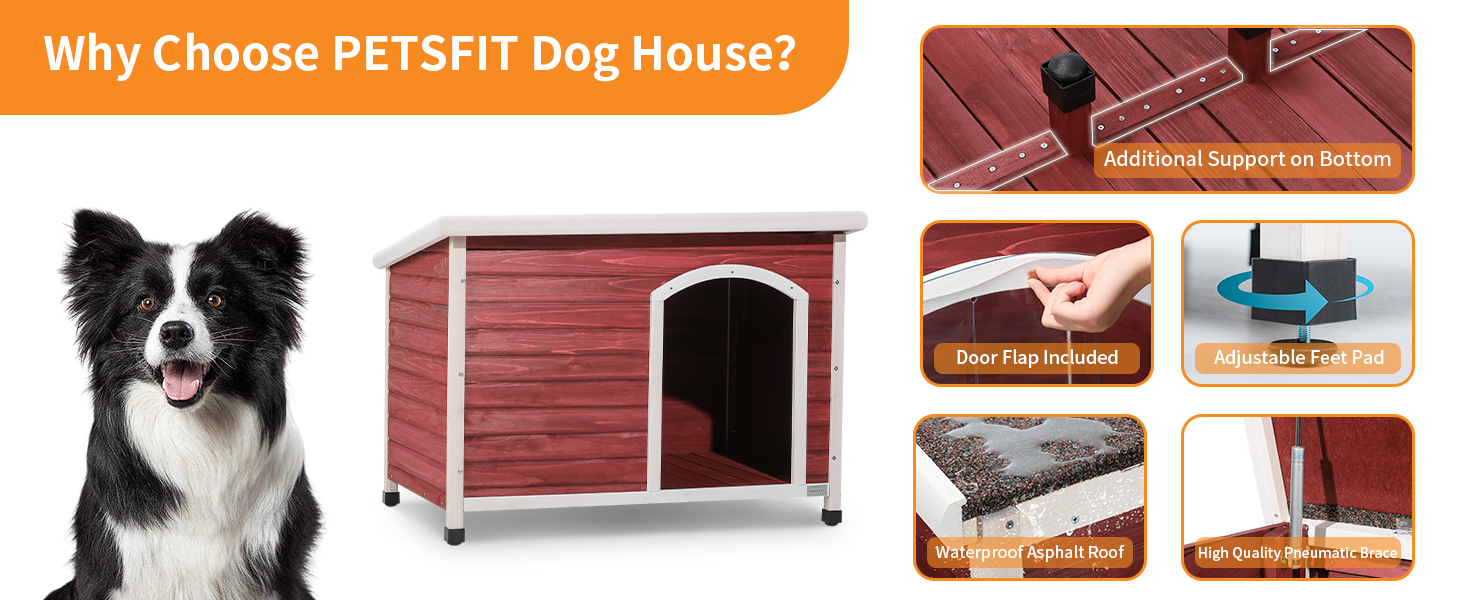 Petsfit - Casa extragrande para perros, casa de madera para perros grandes, color rojo, 45.6 pulgadas de largo x 31 pulgadas de ancho x 32 pulgadas de alto