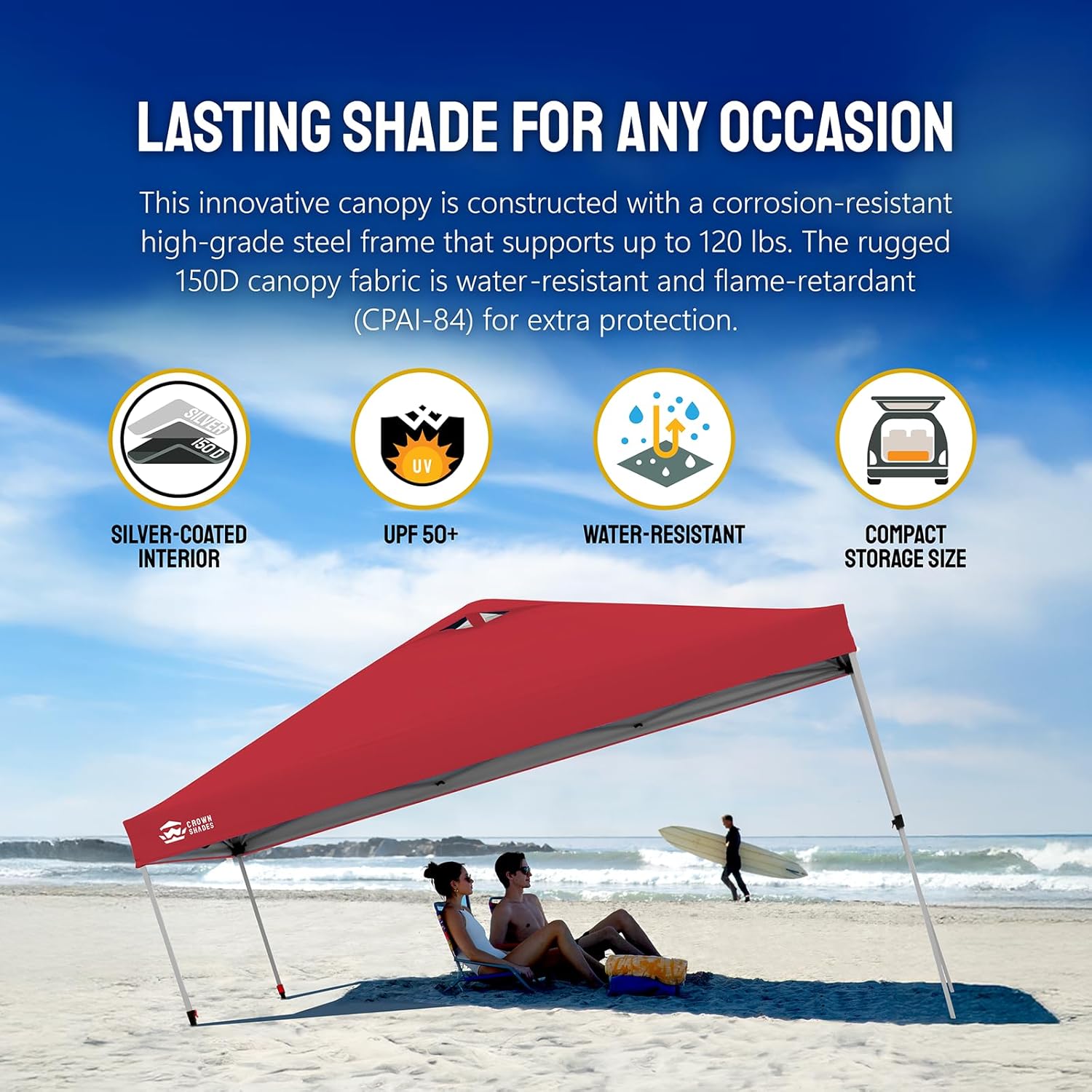CROWN SHADES - Toldo desplegable de 3.60 x 3.60 metros, toldo patentado de un empuje con bolsa de transporte con ruedas, 8 estacas y 4 cuerdas, negro