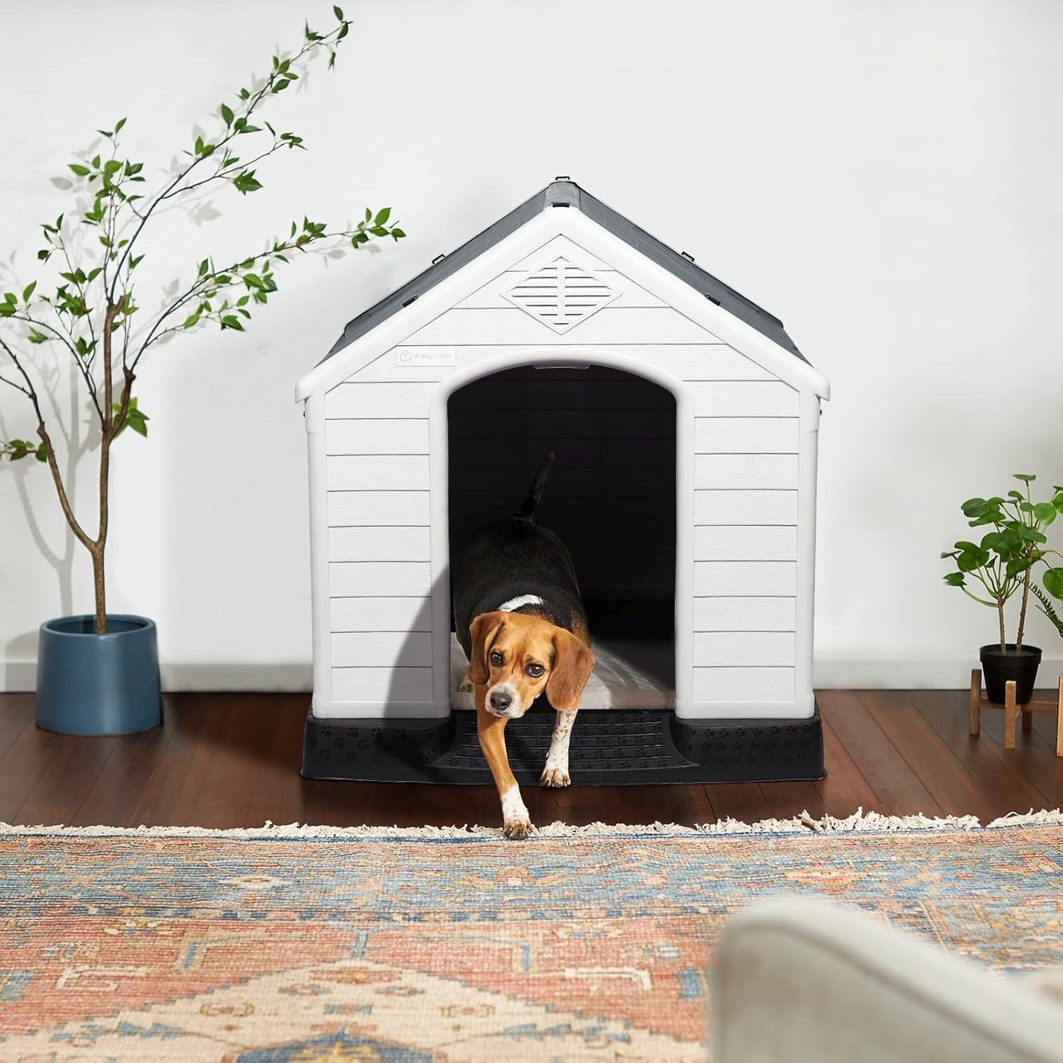 LEMBERI Casa de plástico duradera e impermeable para perros de tamaño pequeño a grande, casa de perro aislada para interiores y exteriores, refugio para cachorros con suelo elevado, fácil de montar, diseño de ventilación para perros