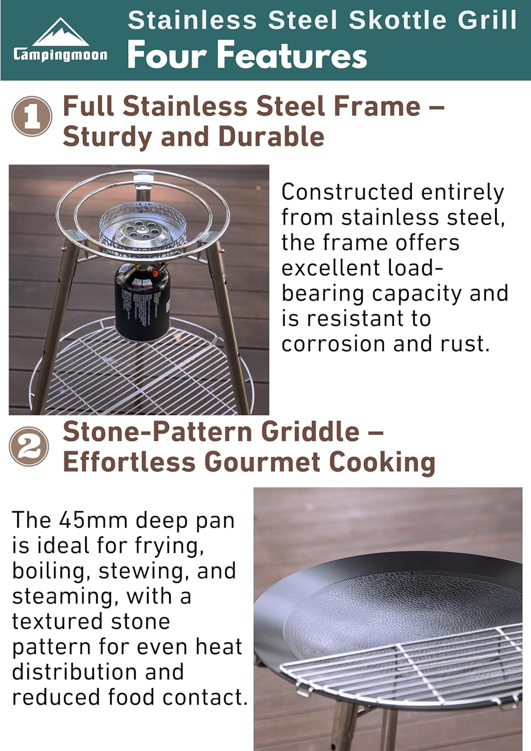 CAMPINGMOON GR-901 - Plancha para barbacoa de 18 pulgadas con válvula Lindal EN417 - Bote estándar para estufa de gas, soporte para quemadores de estufa de gas, soporte para parrilla de horno, kit de