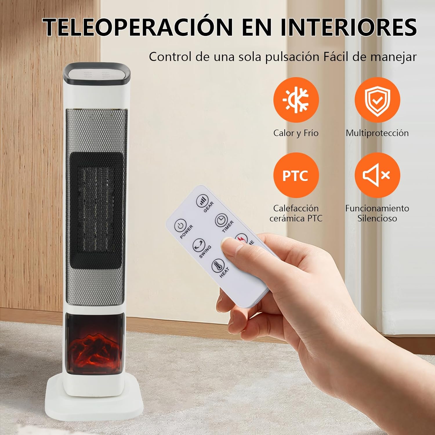 LOKOOY Calefactor Eléctrico de Torre Cerámico para Hogar, Calefacción y Refrigeración de Doble Uso Calentador Digital con Oscilación de 90° y Termostato Regulable 6 Modos, con Control Remoto, Blanco
