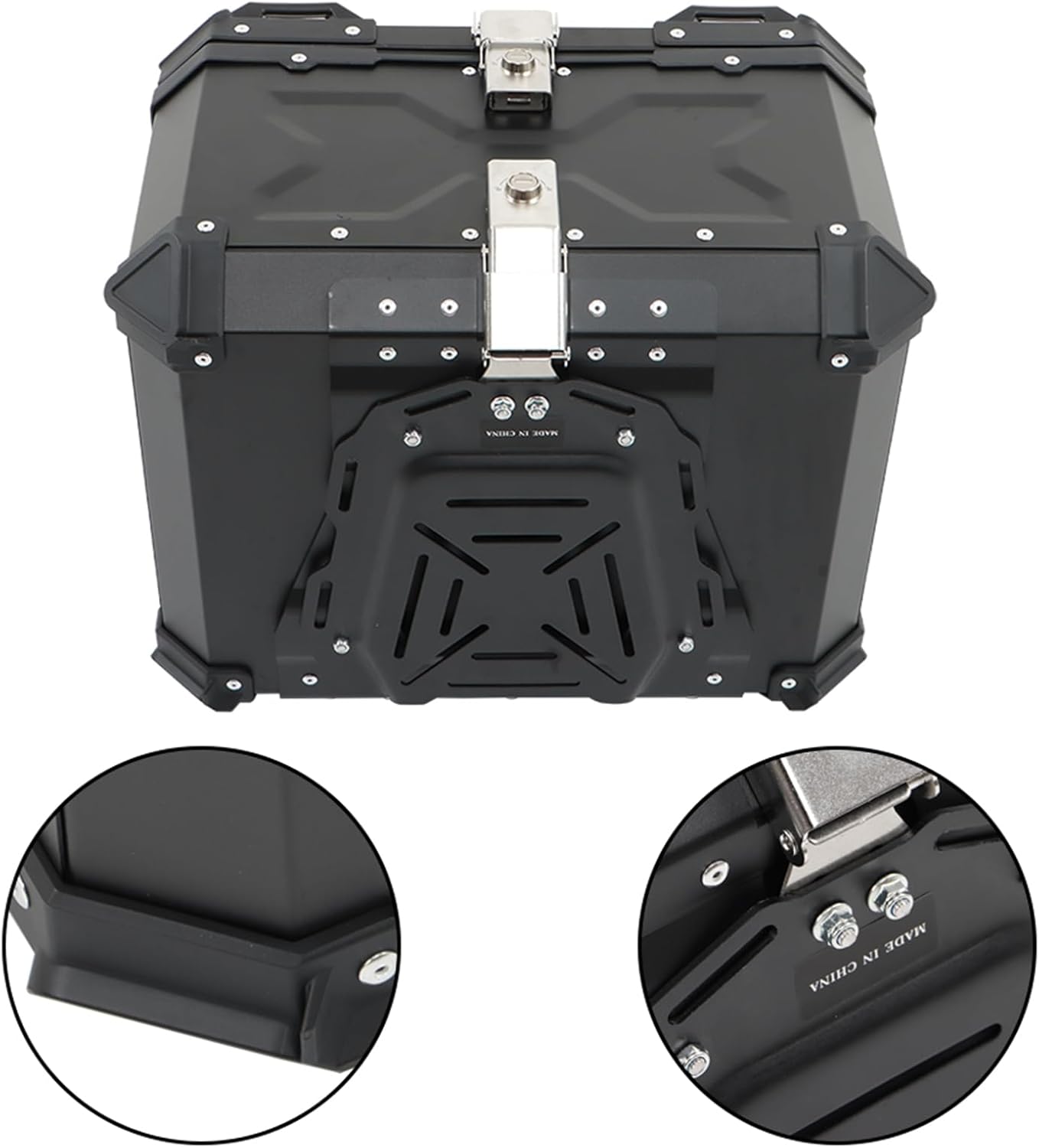 Labwork - Caja trasera para motocicleta de 45 l, con placa de montaje, aleación de aluminio dura, cierre de seguridad contra robo, metal plateado, caja trasera para maletero