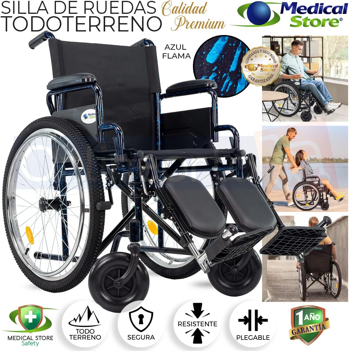 Medical Store Silla de Ruedas TODO TERRENO de Lujo, Modelo 101, Acero Resistente, Con Eleva piernas Desmontables y Descansabrazos Abatibles Color Rojo.…