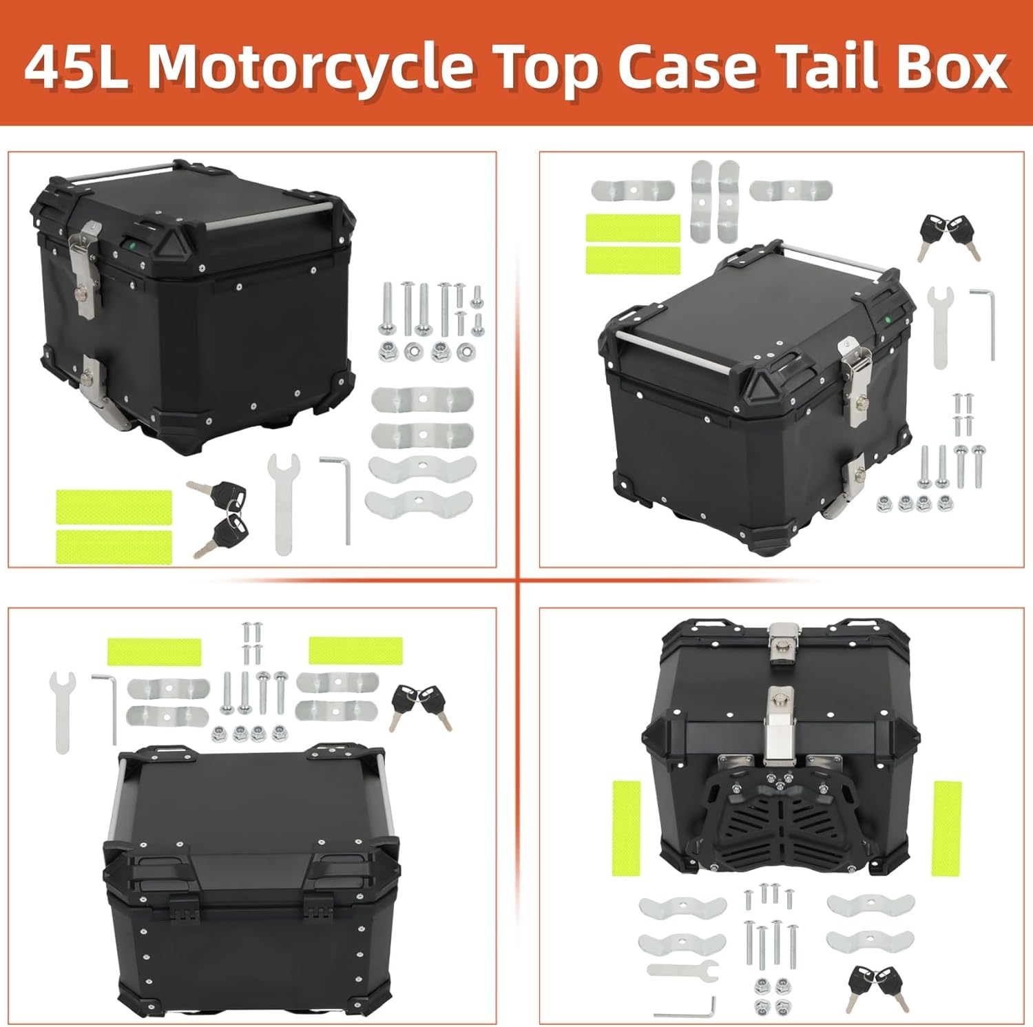 Labwork - Caja trasera para motocicleta de 45 l, con placa de montaje, aleación de aluminio dura, cierre de seguridad contra robo, metal plateado, caja trasera para maletero