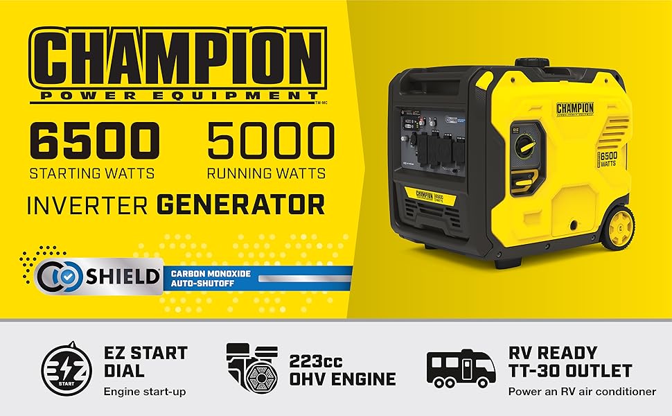 Champion - Generador inversor port&aacute;til de 6500 vatios con tecnolog&iacute;a silenciosa y escudo CO