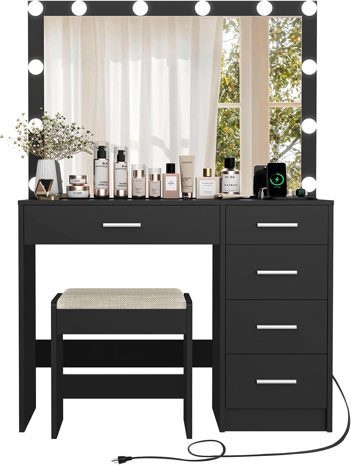 usikey - cambiador de maquillaje con 12 luces, computadora de cambiador con toma de corriente, mesa de maquillaje con 5 cajones, espejo grande, cambiador con taburete para recámara, baño, negro