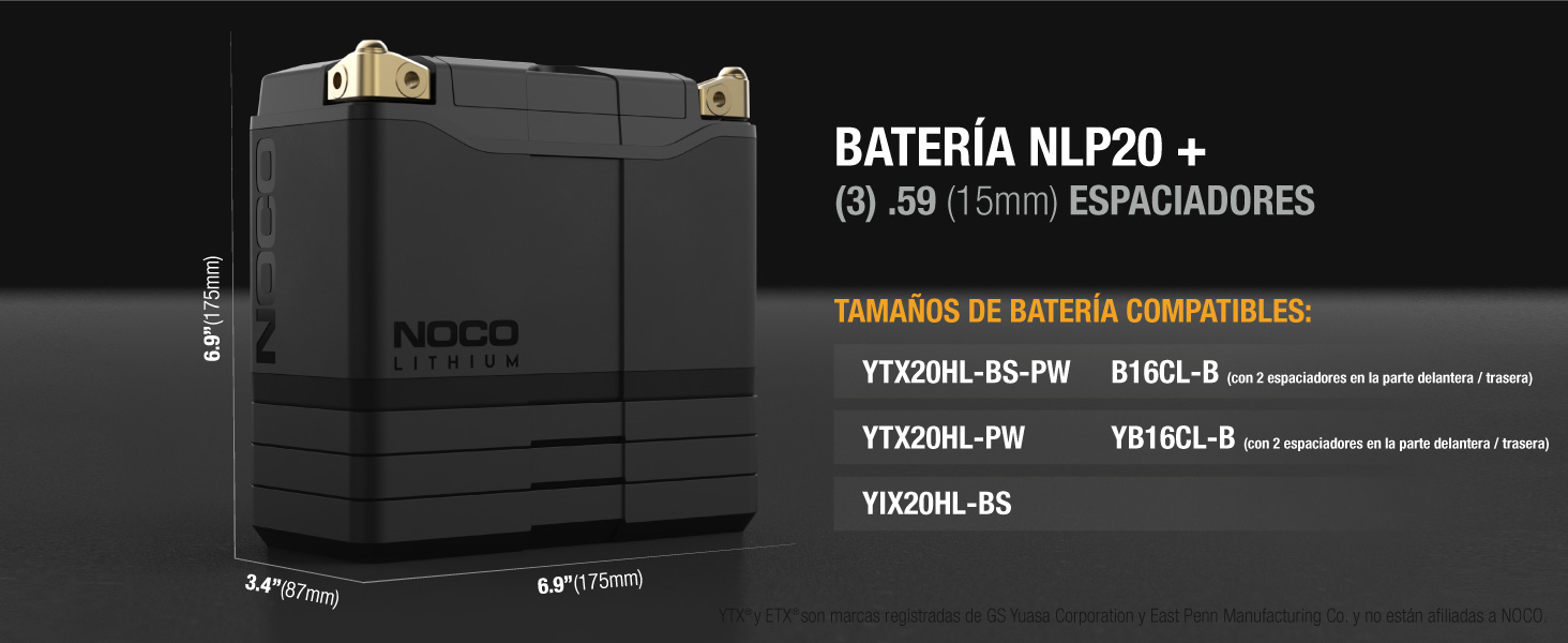 Lithium NLP20, Grupo 20, 600A Litio Powersports Batería, 12V 7Ah Batería de Moto con BMS Dinámico