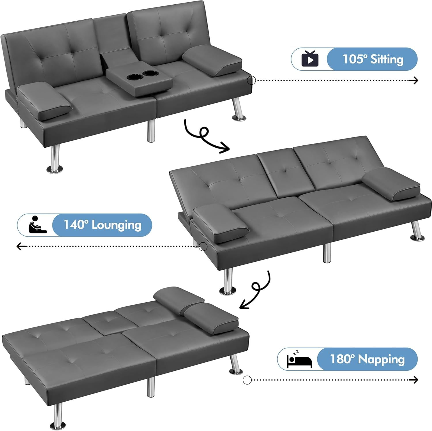 Yaheetech - Sofá Cama Convertible Ajustable, Moderno sillón reclinable de Piel sintética Reversible, sofá Cama Plegable, reposabrazos extraíbles, portavasos, 3 ángulos, Capacidad de 700 Libras, Color