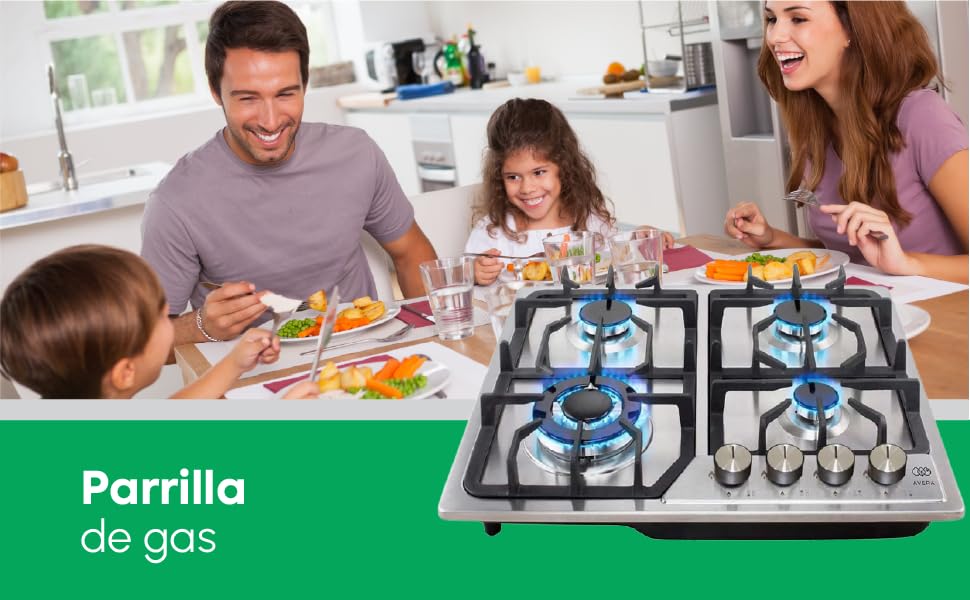 AVERA Parrilla de Gas 4 Quemadores, Acero Inoxidable 60cm, mpotrable, Soportes de Hierro Fundido, 