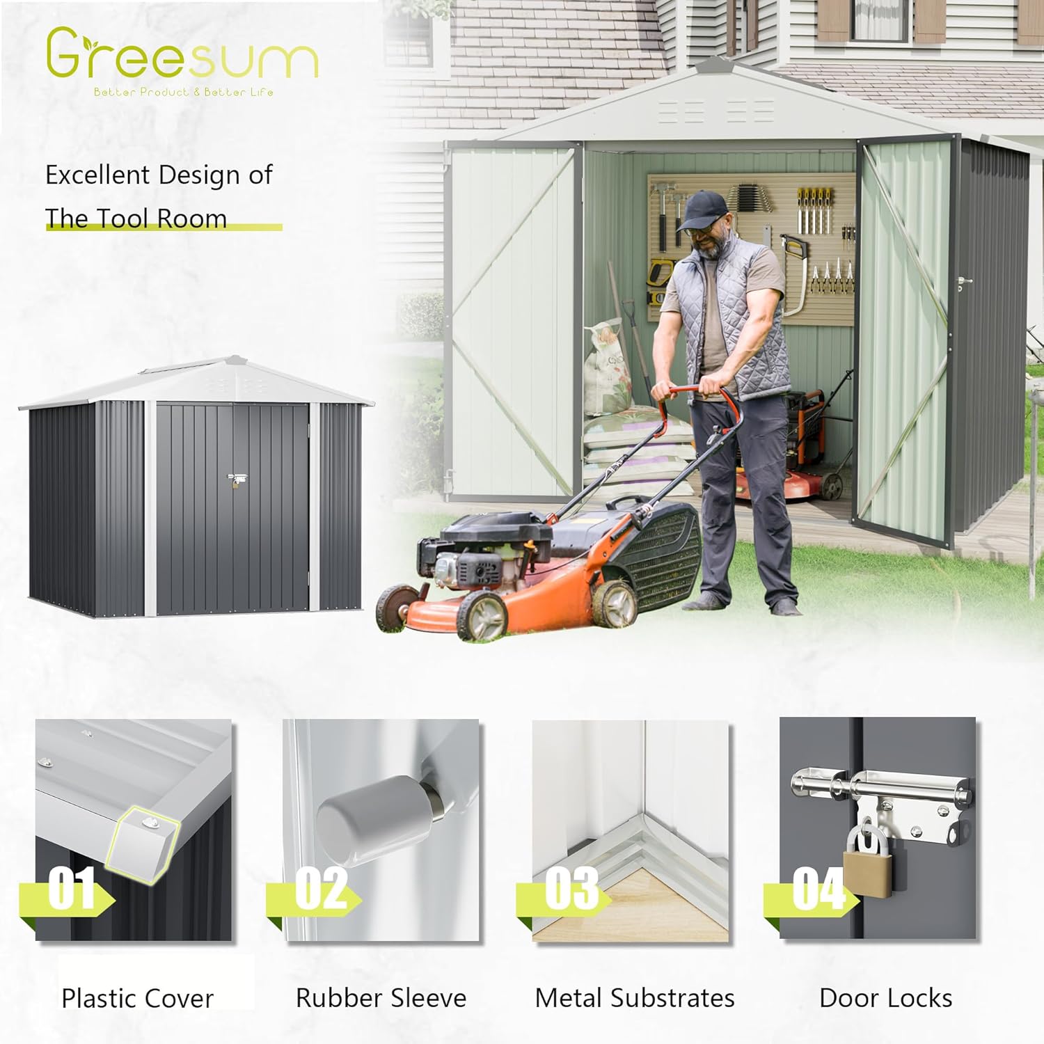 Greesum - Cobertizo de almacenamiento de metal para exteriores, 5 pies x 3 pies, herramienta de acero para cobertizo de almacenamiento con puerta y cerradura, para patio trasero, jardín, patio, césped (5 x 3 pulgadas), color café