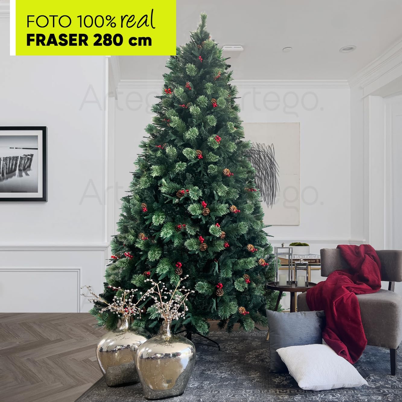 BECKON Árbol de Navidad Premium 2.20m Fraser Fir Artego (3 Materiales) Frondoso (1676 Ramas) Pino Artificial Navideño Artego + Maleta/Christmas Tree Decoración navideña (Fraser 220cm)