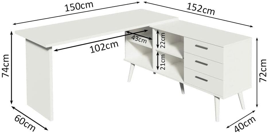 Madesa Escritorio Mesa de Oficina de Esquina con 3 Cajones Lisboa - Blanco