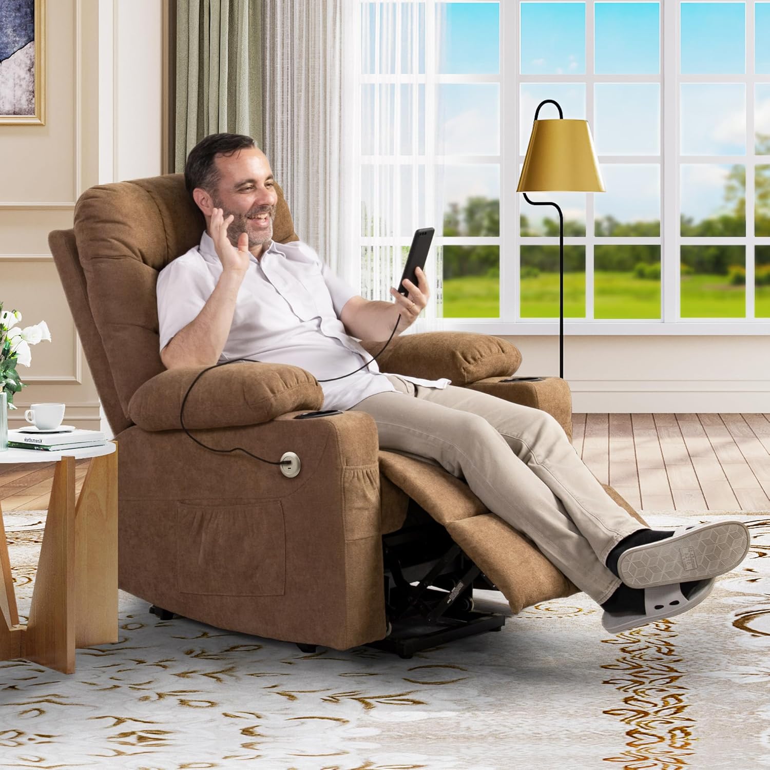 YITAHOME Silla reclinable con elevación eléctrica para Ancianos, Silla reclinable de Tela con Masaje y Calor, Asiento Espacioso, Puertos USB, portavasos, Bolsillos Laterales, Control Remoto (café)