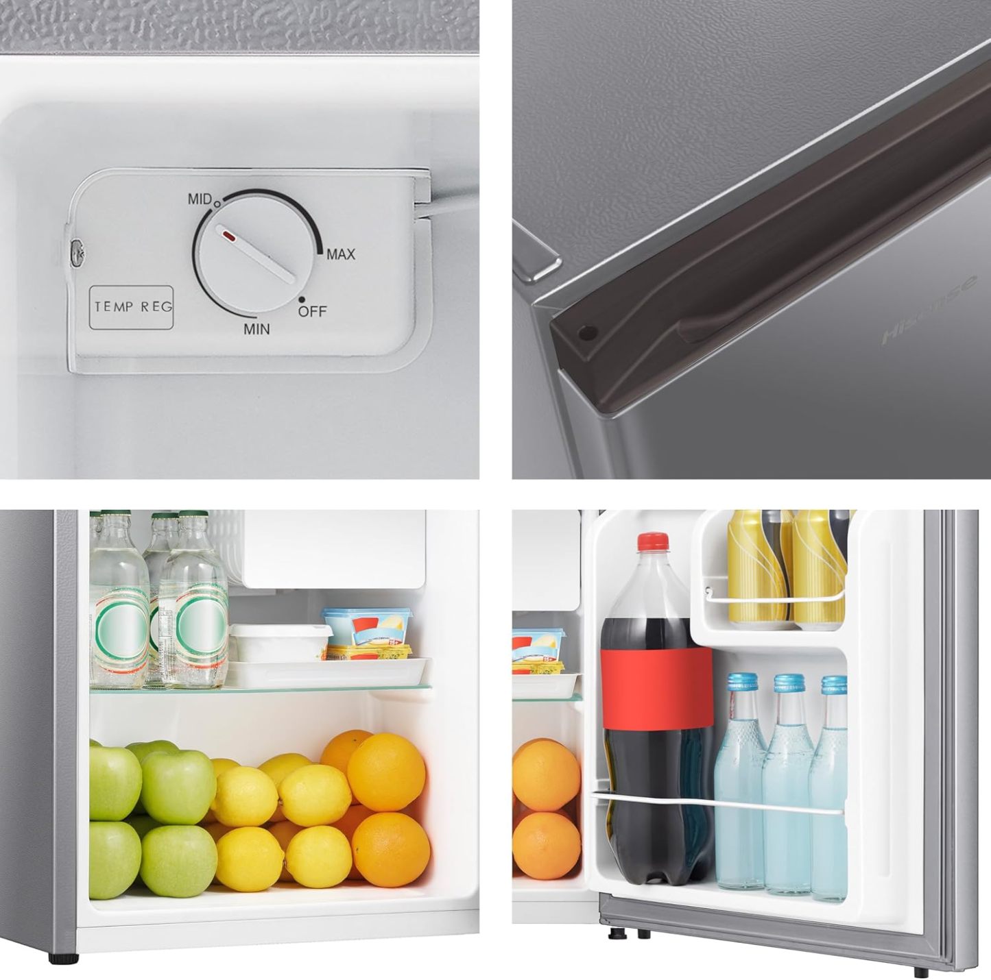 Hisense RR16D6AGX1- Frigobar,1.6 pies cúbicos,Congelador independiente,Termostato ajustable,Estantes para botellas de 2 litros,45x47x50cm(AnchoxLargoxAlto),Gris