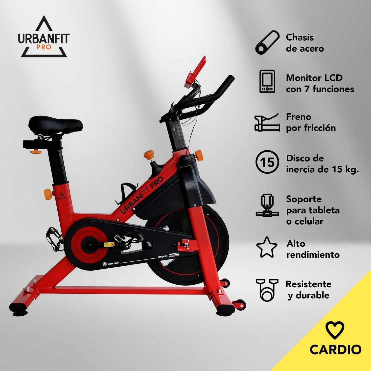 Bicicleta Fija para Spinning UrbanFit Pro Fitness Cardio de 15 Kg – Monitor Electrónico con 7 Funciones – Completamente Ajustable – Bici Fija para Spinning – Entrenamiento Cardio en Casa – Resistente y Fácil de Instalar – Variedad de Colores